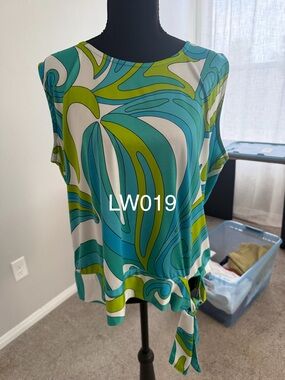 Sleeveless Tie-Hem Top in Teal & Lime Print